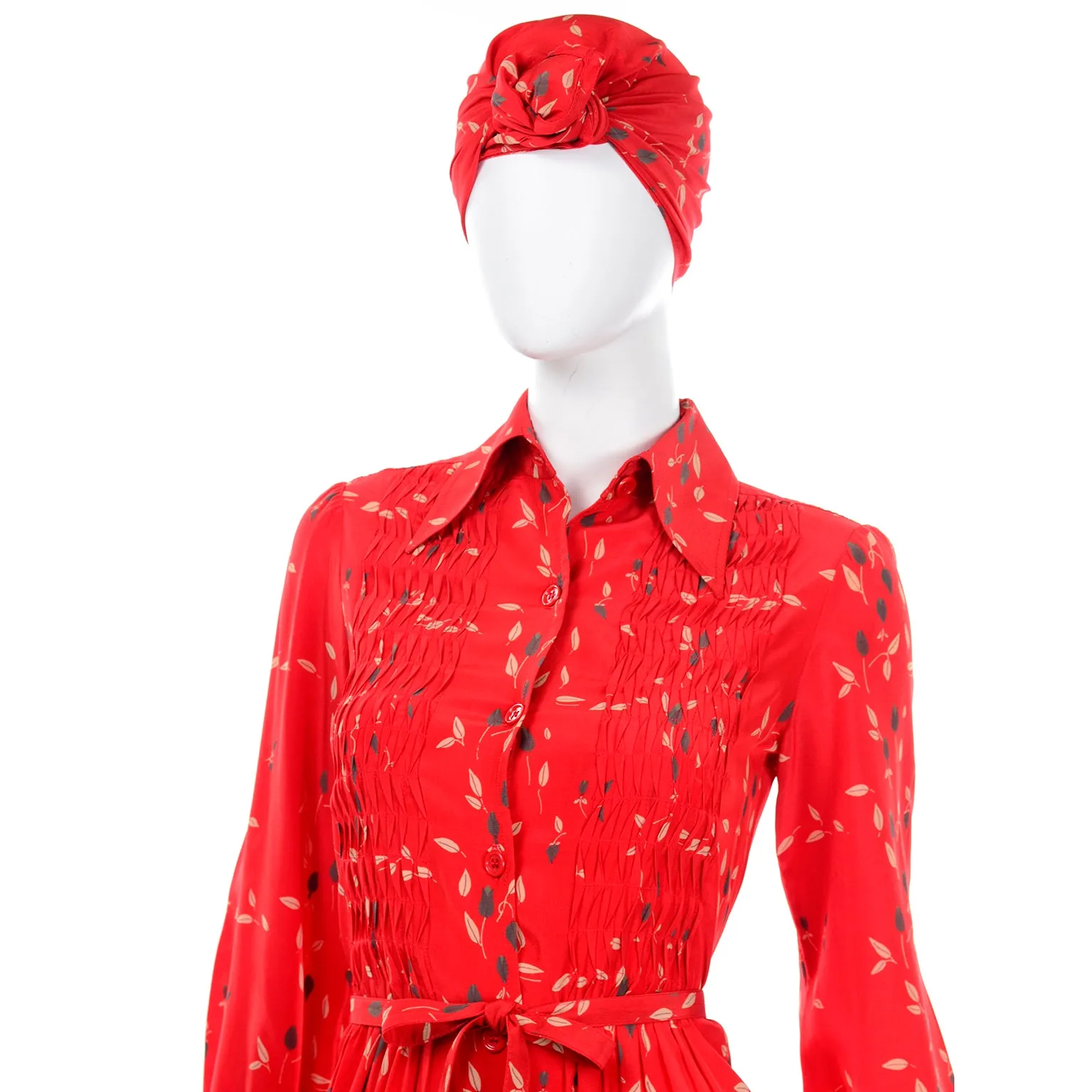 Vintage Albert Nipon Red Print Dress With Sash Scarf and Belt