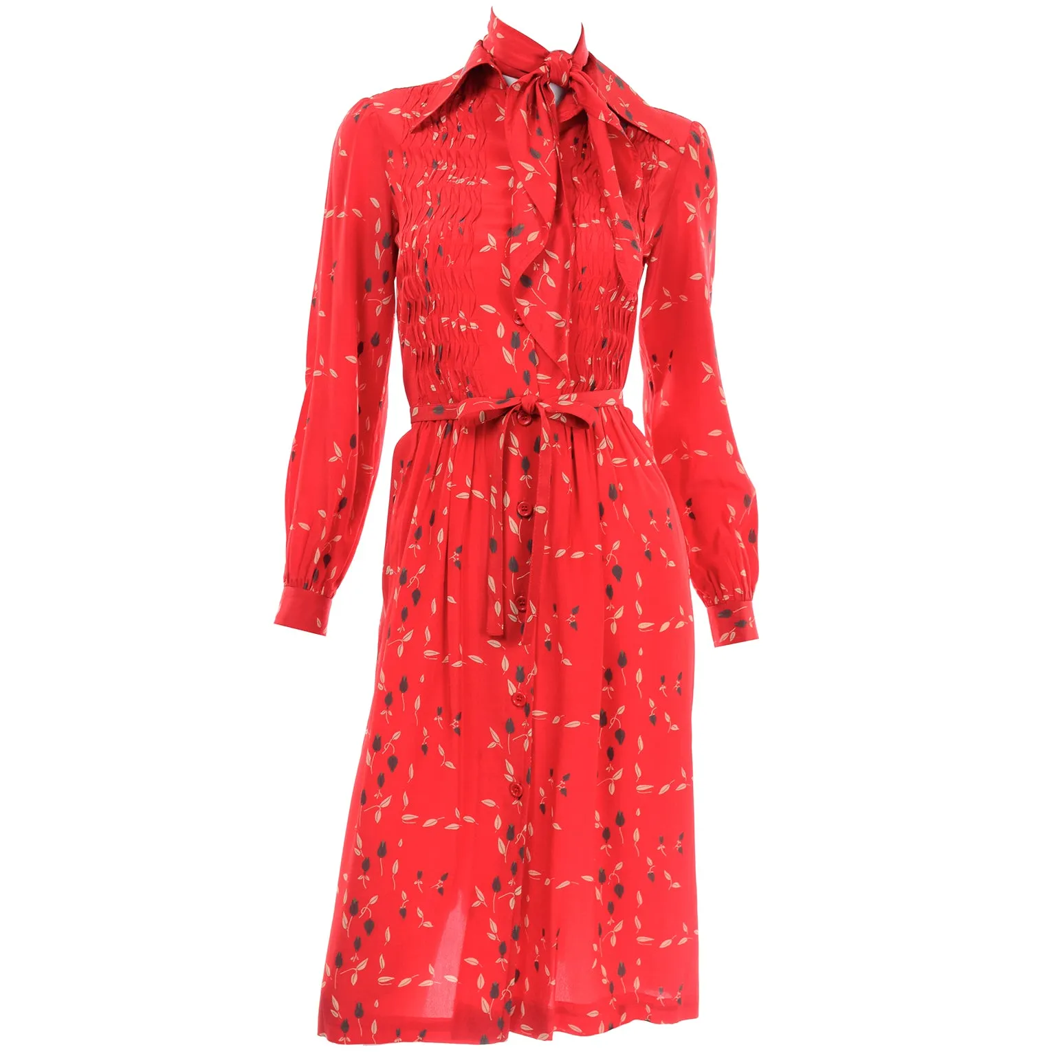 Vintage Albert Nipon Red Print Dress With Sash Scarf and Belt