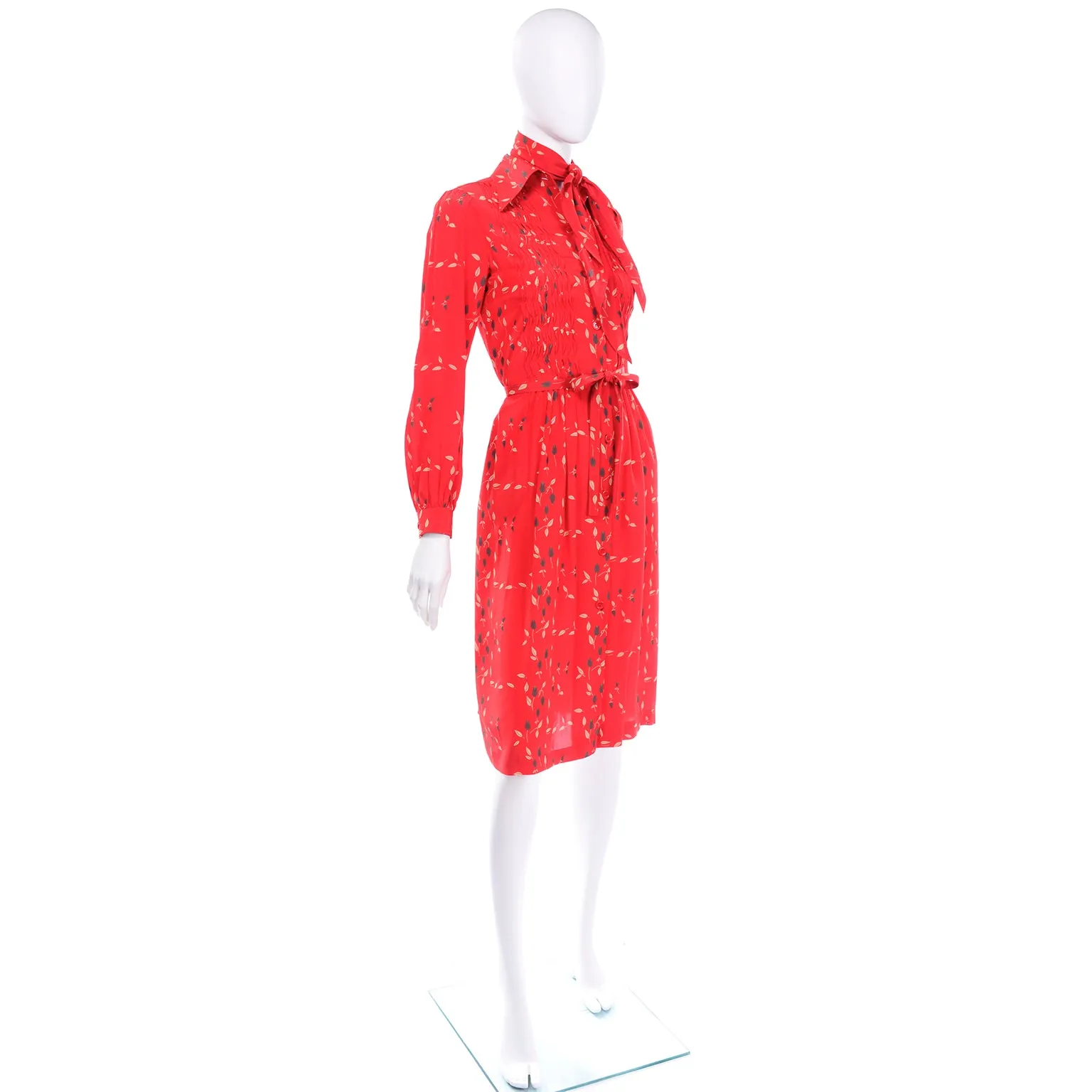 Vintage Albert Nipon Red Print Dress With Sash Scarf and Belt