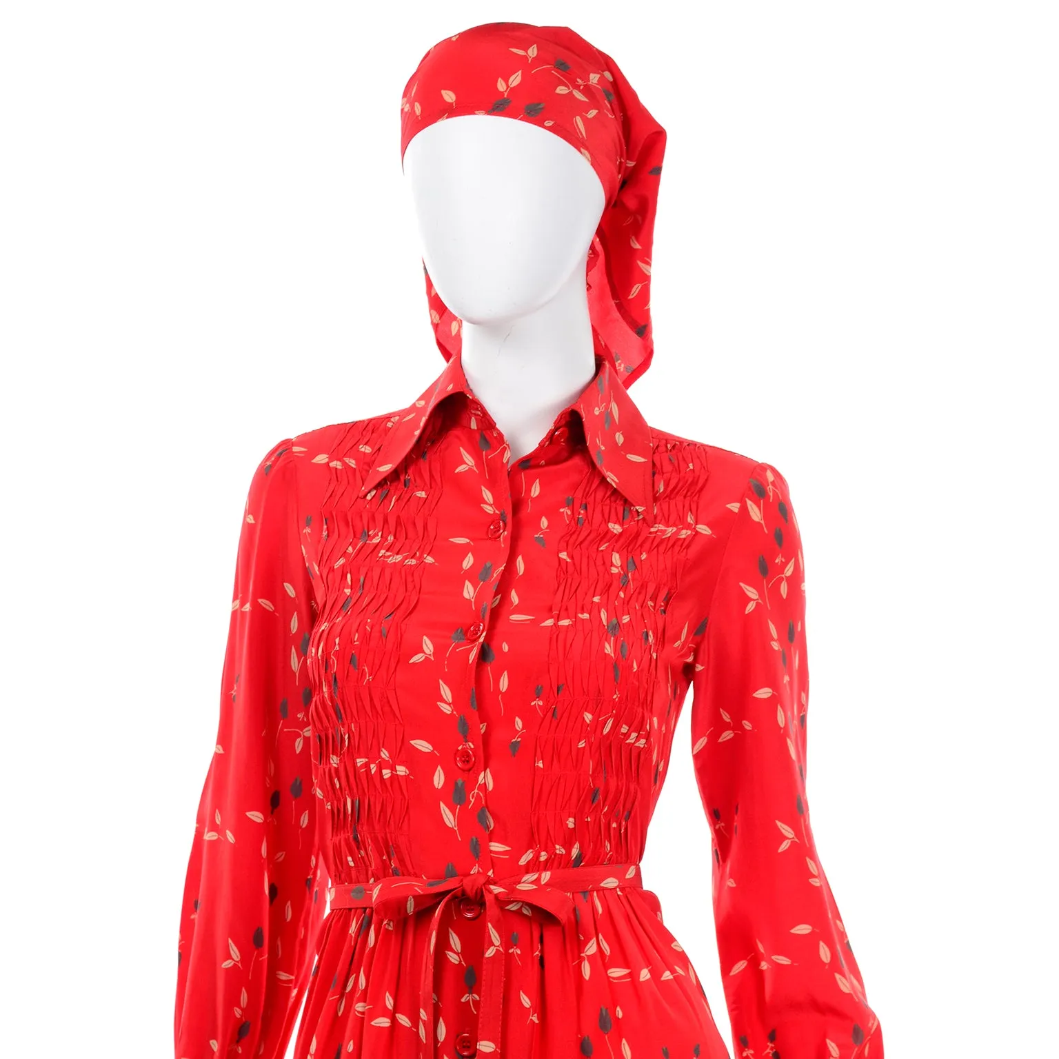 Vintage Albert Nipon Red Print Dress With Sash Scarf and Belt