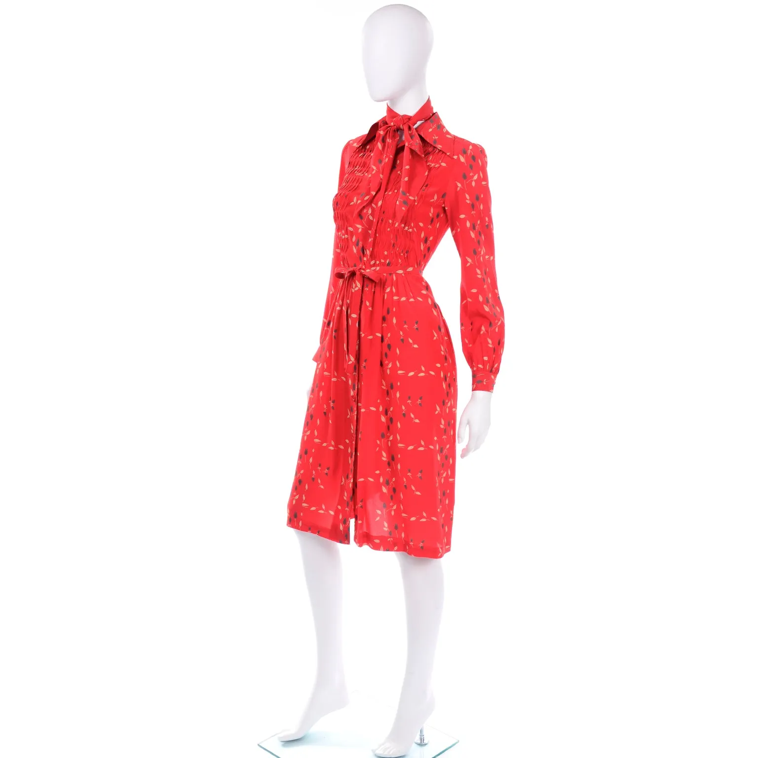 Vintage Albert Nipon Red Print Dress With Sash Scarf and Belt