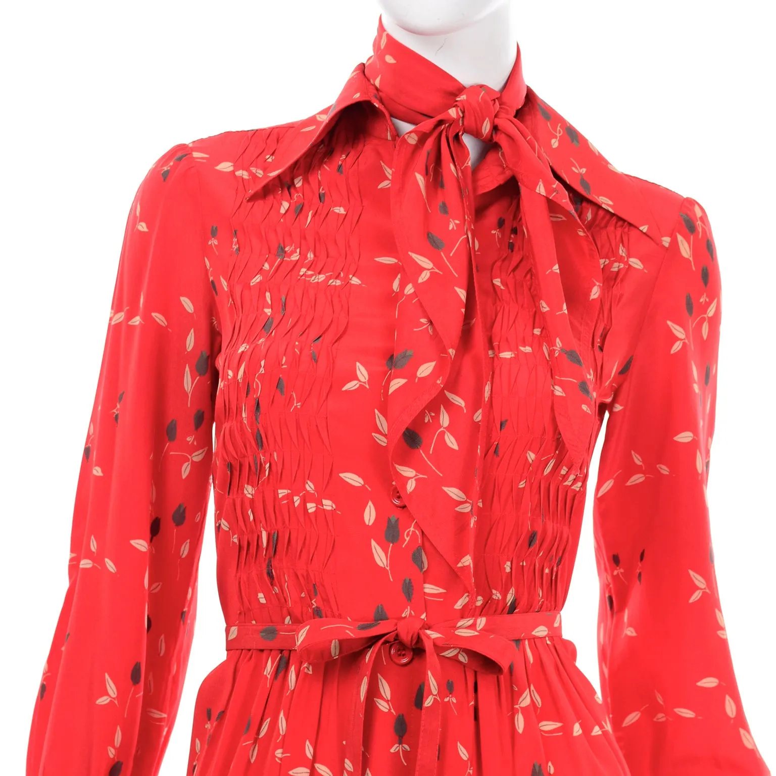 Vintage Albert Nipon Red Print Dress With Sash Scarf and Belt