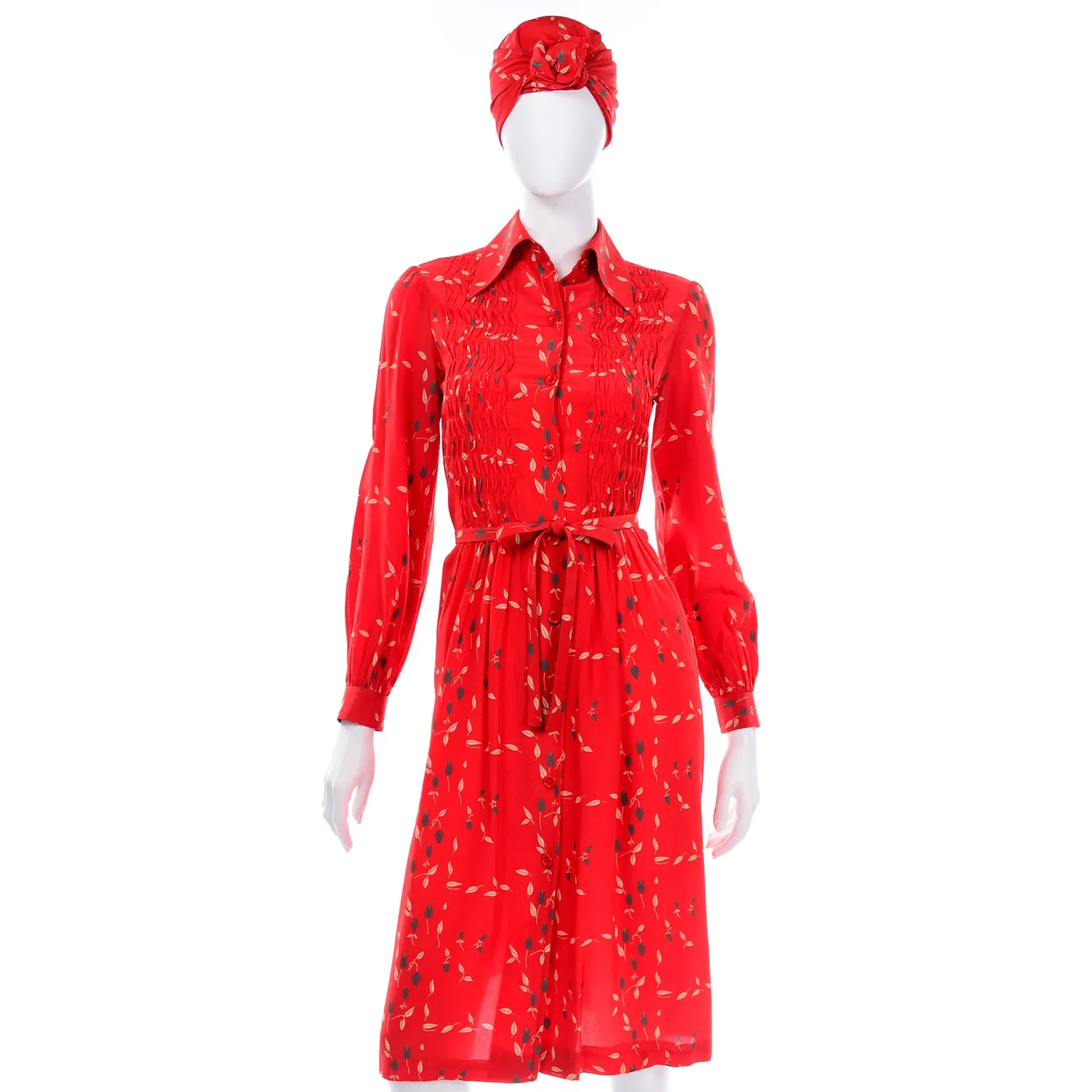 Vintage Albert Nipon Red Print Dress With Sash Scarf and Belt