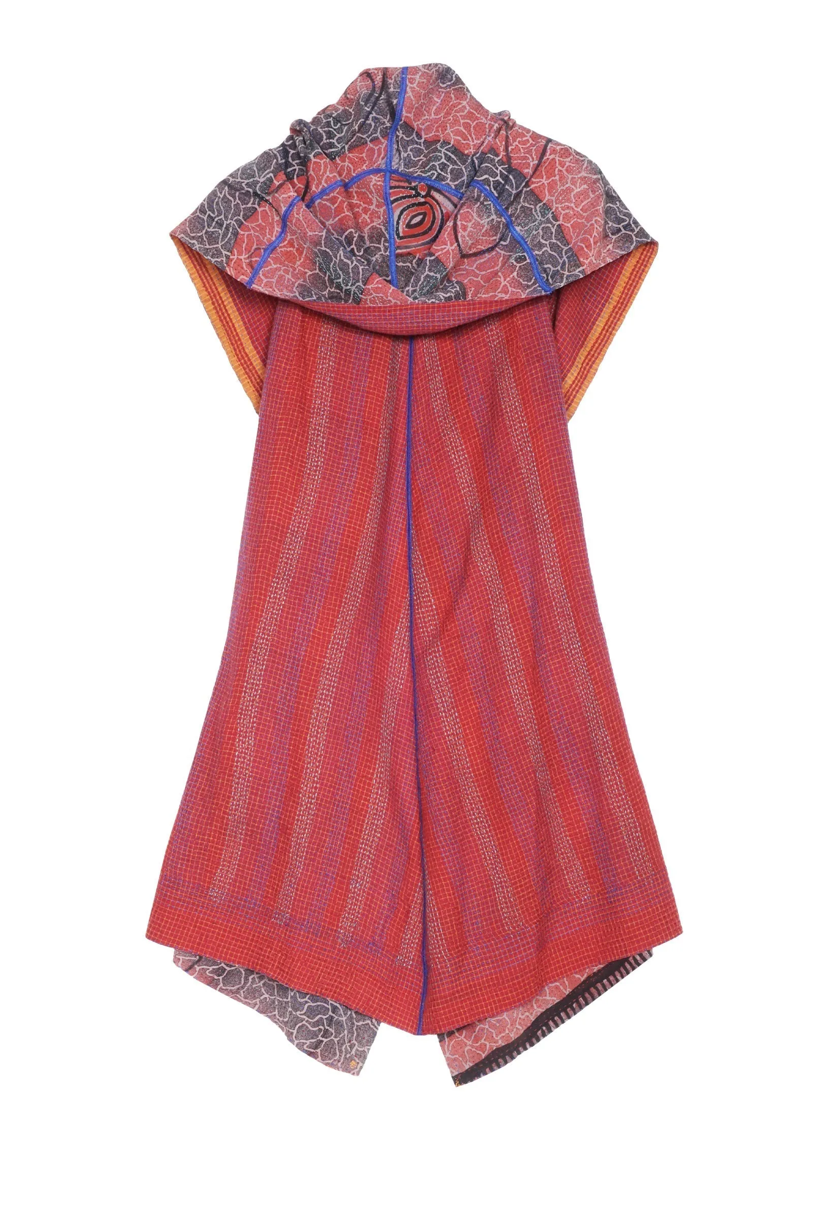 VINTAGE SILK GEORGETTE COTTON KANTHA HOODED CIRCULAR VEST - gc2209-0003a -