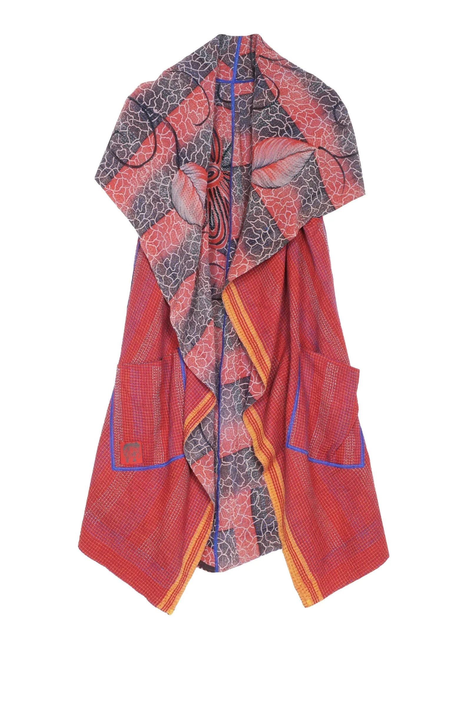 VINTAGE SILK GEORGETTE COTTON KANTHA HOODED CIRCULAR VEST - gc2209-0003a -