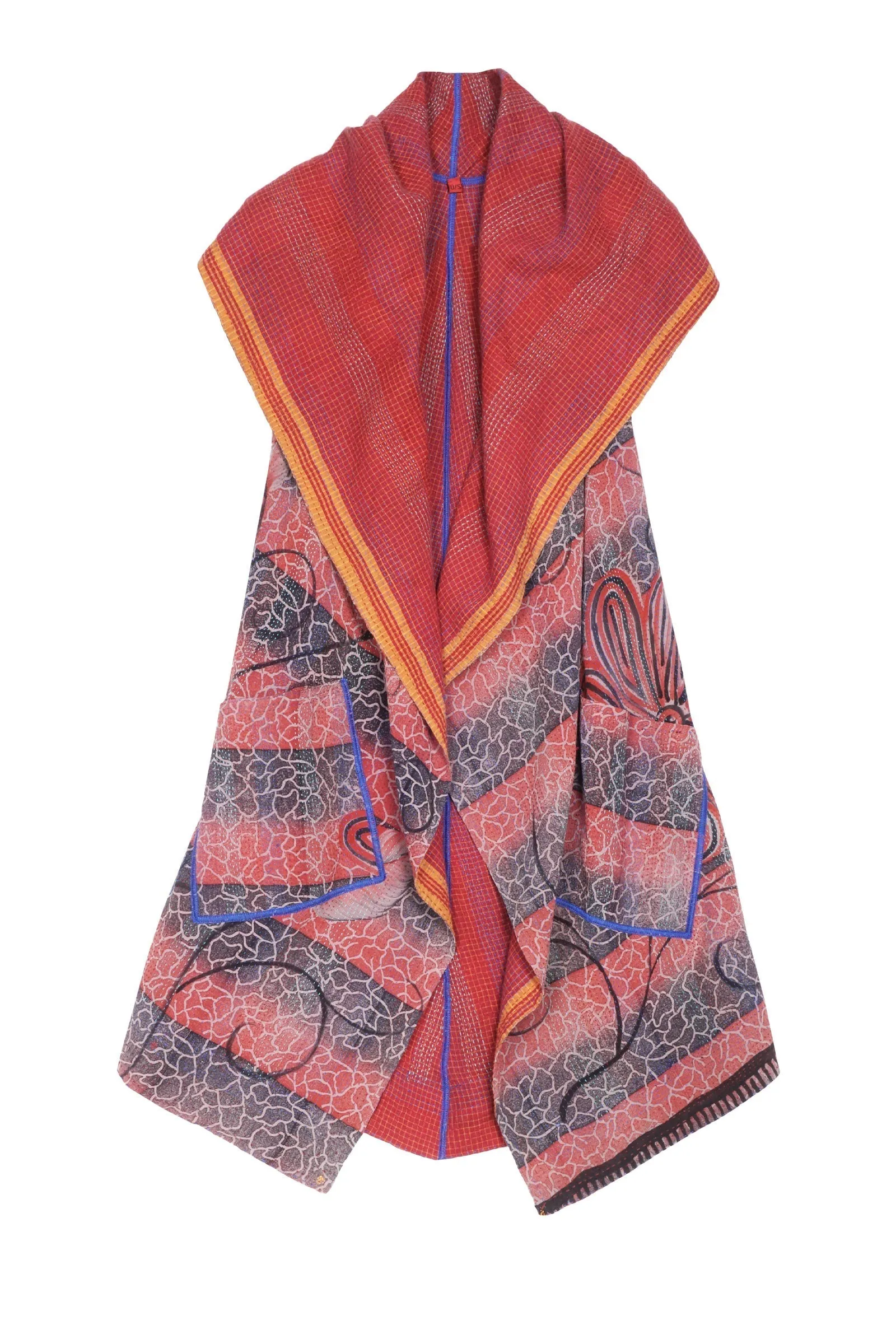 VINTAGE SILK GEORGETTE COTTON KANTHA HOODED CIRCULAR VEST - gc2209-0003a -