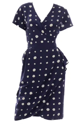 Vintage Ungaro Parallele Navy Blue Polka Dot Silk Dress