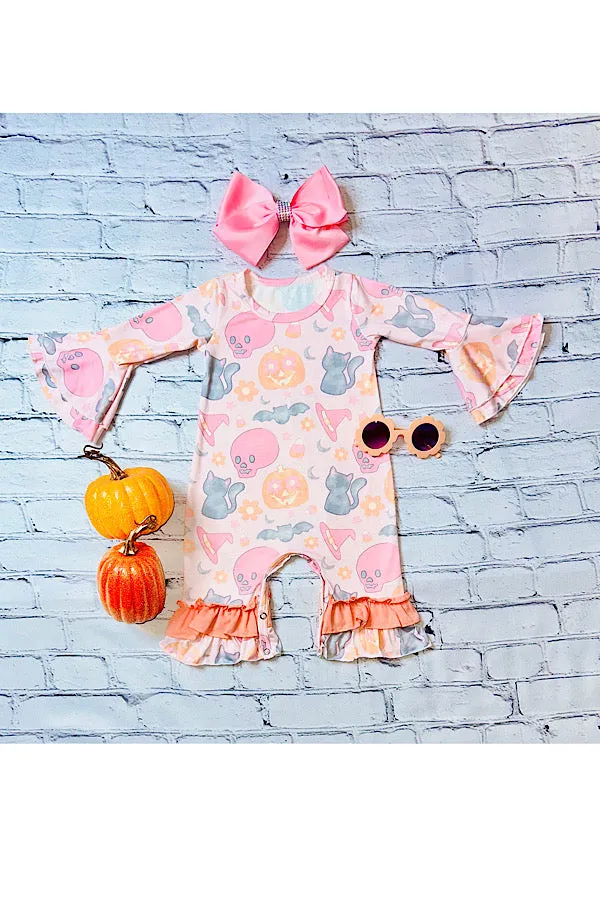 Washed pumpkins & bats ruffle long sleeve baby romper