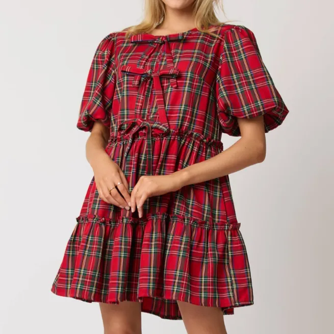 What a Gift Christmas Plaid Bubble Sleeve Mini Dress