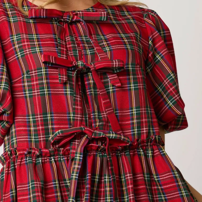 What a Gift Christmas Plaid Bubble Sleeve Mini Dress