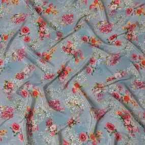 Whimsical Garden Viscose Fabric - Lush Digital Floral Print on Sky Blue, Crafted in India, 110cm Wide-D18729