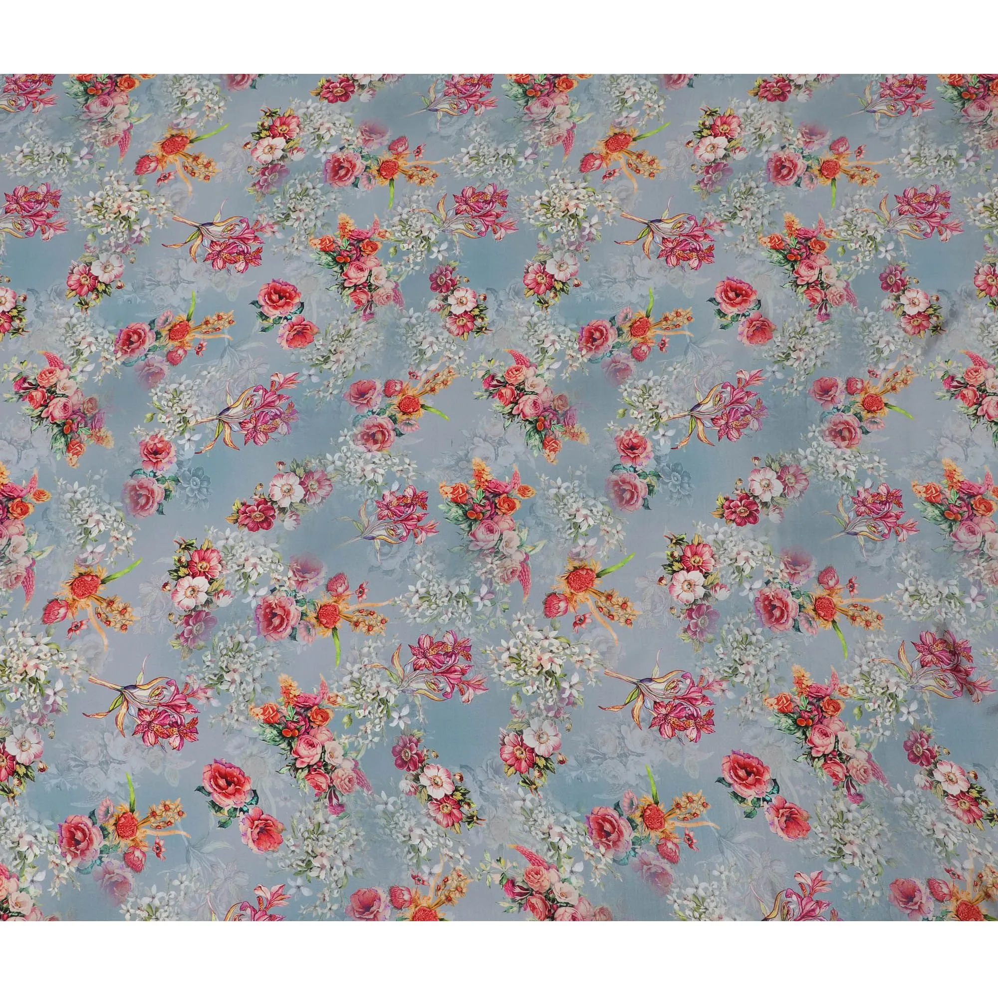 Whimsical Garden Viscose Fabric - Lush Digital Floral Print on Sky Blue, Crafted in India, 110cm Wide-D18729