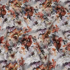 Whimsical Watercolor Floral Viscose Fabric, 110 cm Width - Soft Mauve & Sepia Tones on Grey-D18731