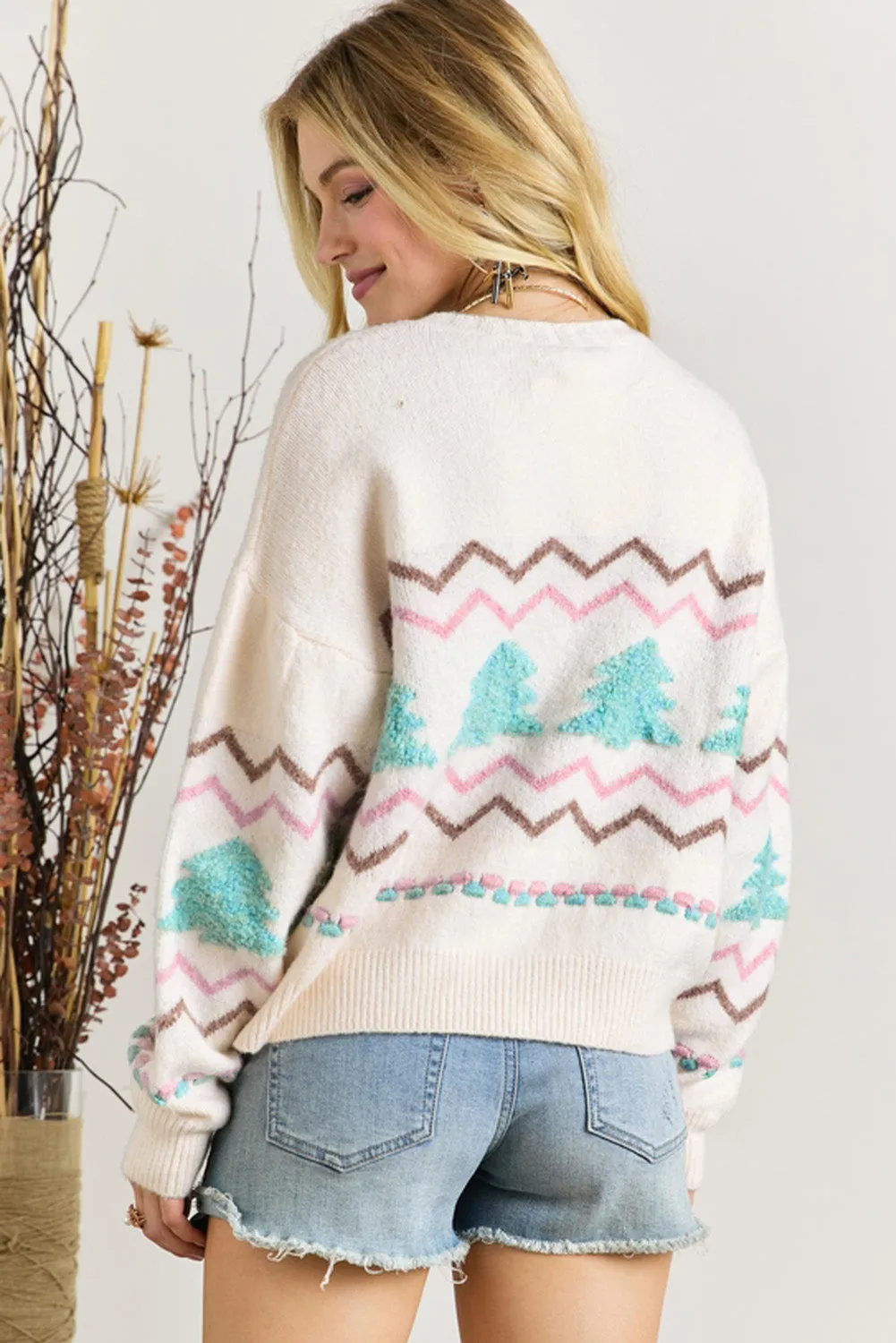 White Christmas Tree Wavy Striped Drop Sleeve Sweater