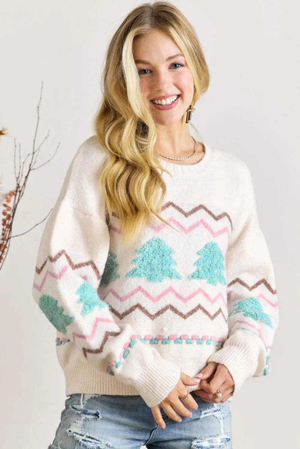 White Christmas Tree Wavy Striped Drop Sleeve Sweater