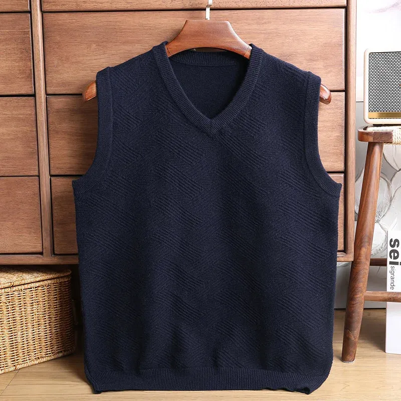 Wiaofellas  -  Sweater Vest Men Thicken V-neck Sleeveless Knitted Vests Anti-Pilling Knitted Waistcoat Ingot Needle Jacquard Solid Color