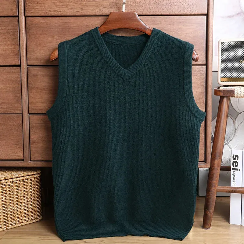 Wiaofellas  -  Sweater Vest Men Thicken V-neck Sleeveless Knitted Vests Anti-Pilling Knitted Waistcoat Ingot Needle Jacquard Solid Color