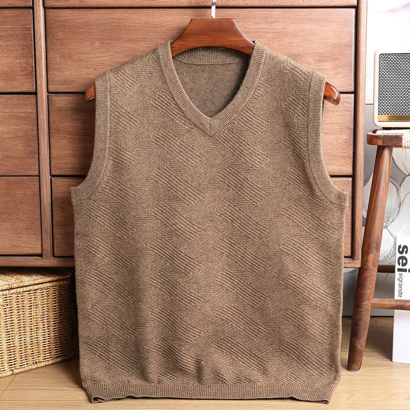 Wiaofellas  -  Sweater Vest Men Thicken V-neck Sleeveless Knitted Vests Anti-Pilling Knitted Waistcoat Ingot Needle Jacquard Solid Color