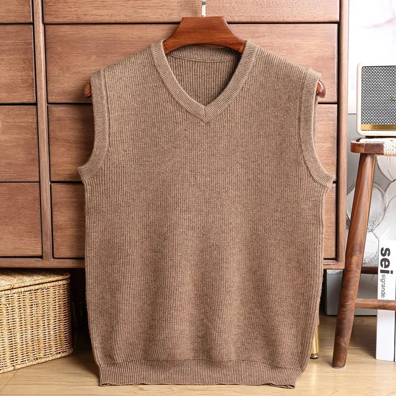 Wiaofellas  -  Sweater Vest Men Thicken V-neck Sleeveless Knitted Vests Anti-Pilling Knitted Waistcoat Ingot Needle Jacquard Solid Color