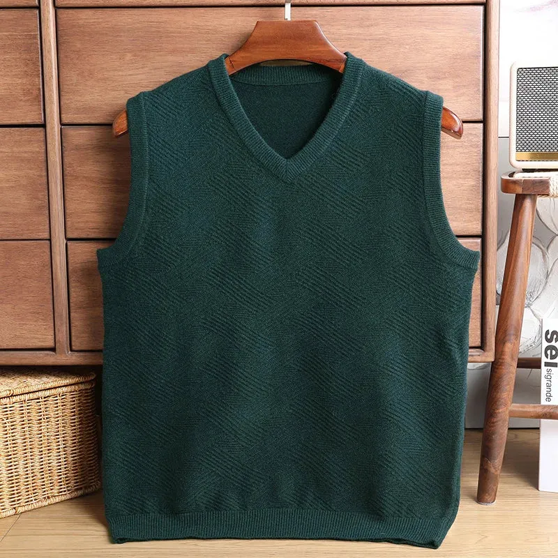 Wiaofellas  -  Sweater Vest Men Thicken V-neck Sleeveless Knitted Vests Anti-Pilling Knitted Waistcoat Ingot Needle Jacquard Solid Color