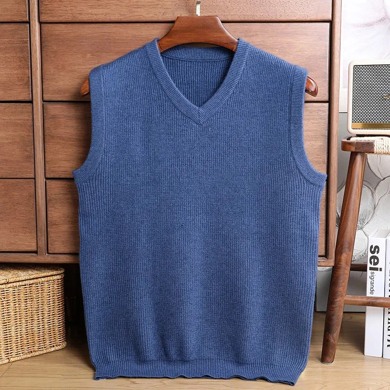 Wiaofellas  -  Sweater Vest Men Thicken V-neck Sleeveless Knitted Vests Anti-Pilling Knitted Waistcoat Ingot Needle Jacquard Solid Color