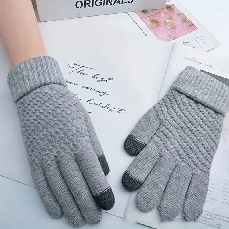 Winter Knit Warm Gloves, Solid Color Pineapple Pattern Jacquard Gloves, Short Thickened Warm Touchscreen Gloves