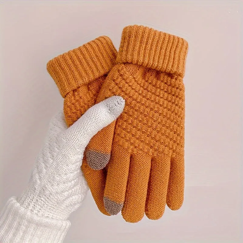 Winter Knit Warm Gloves, Solid Color Pineapple Pattern Jacquard Gloves, Short Thickened Warm Touchscreen Gloves