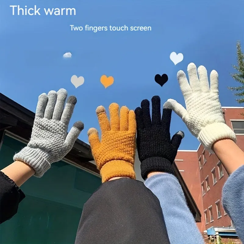 Winter Knit Warm Gloves, Solid Color Pineapple Pattern Jacquard Gloves, Short Thickened Warm Touchscreen Gloves