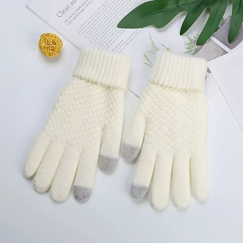 Winter Knit Warm Gloves, Solid Color Pineapple Pattern Jacquard Gloves, Short Thickened Warm Touchscreen Gloves