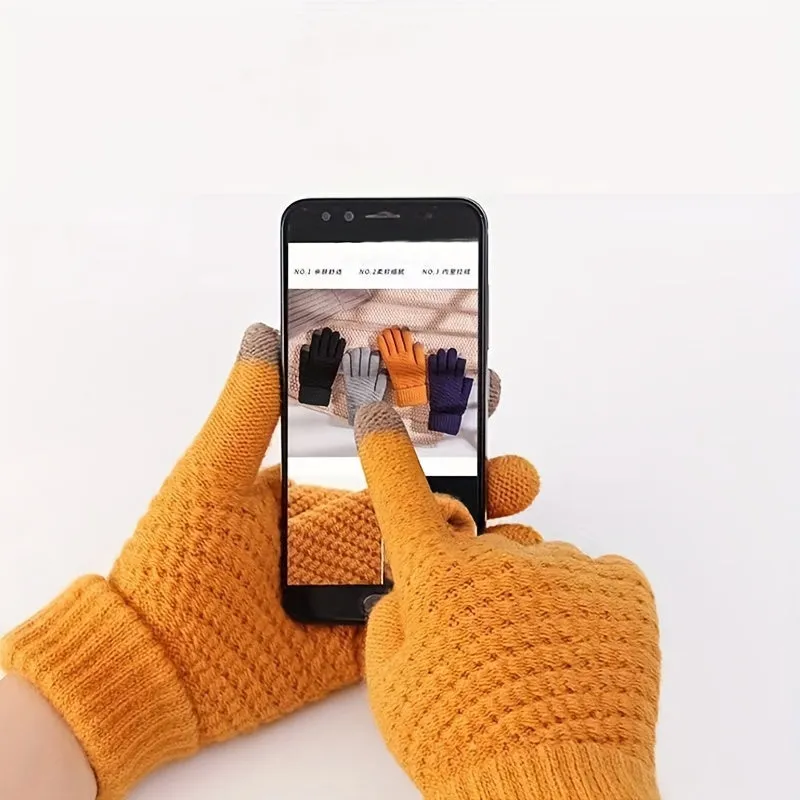 Winter Knit Warm Gloves, Solid Color Pineapple Pattern Jacquard Gloves, Short Thickened Warm Touchscreen Gloves