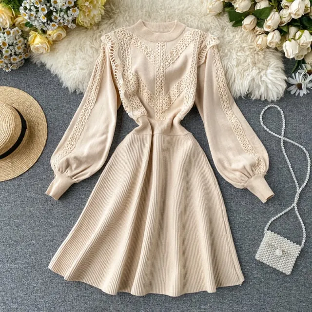 Wjczt High Quality Winter Knit Sweater Dress Korean Casual Mini Dress Women A-line Long Sleeve Lace Vestidos Elegant Pull Robe Femme