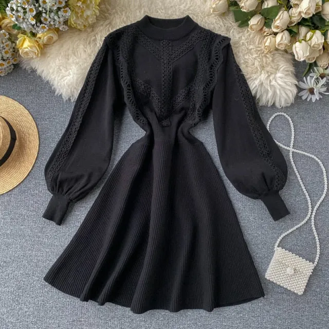 Wjczt High Quality Winter Knit Sweater Dress Korean Casual Mini Dress Women A-line Long Sleeve Lace Vestidos Elegant Pull Robe Femme