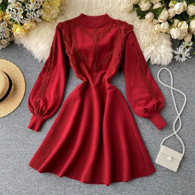 Wjczt High Quality Winter Knit Sweater Dress Korean Casual Mini Dress Women A-line Long Sleeve Lace Vestidos Elegant Pull Robe Femme