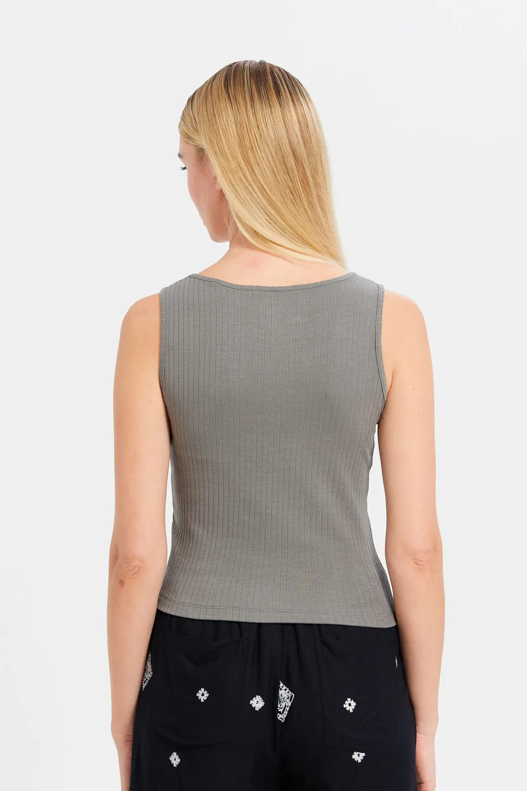 Women Olive Ribbed Vest