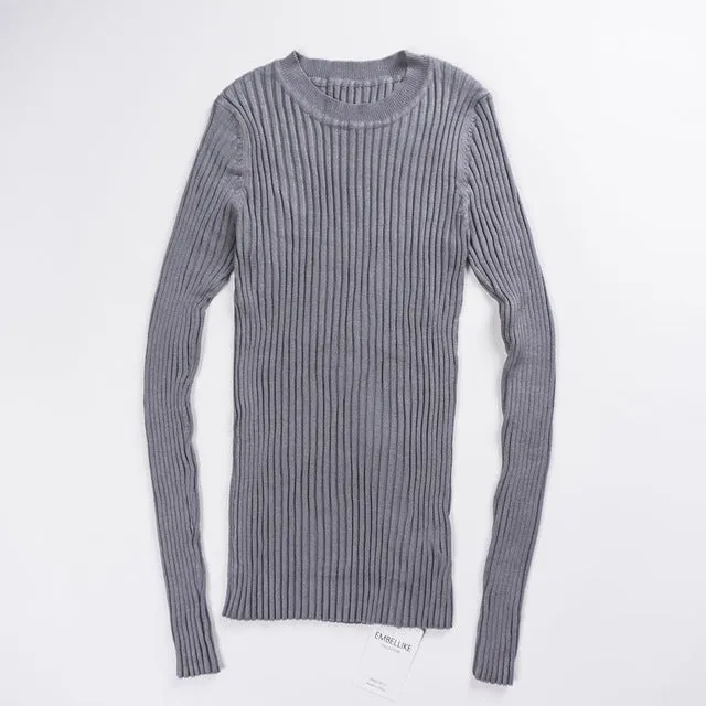 Women Sweater Pullover Basic Knitted Tops Solid Crew Neck Essential Jumper Long Sleeve Ribbed Sweaters Autumn Winter 2017