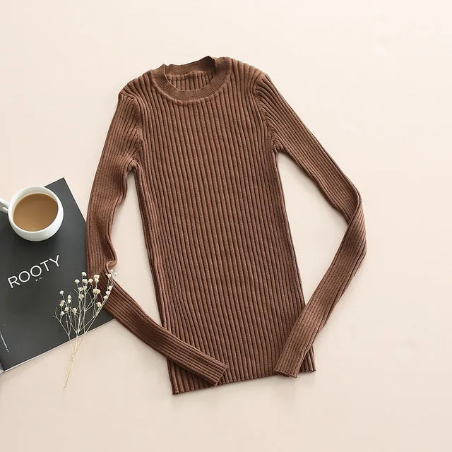 Women Sweater Pullover Basic Knitted Tops Solid Crew Neck Essential Jumper Long Sleeve Ribbed Sweaters Autumn Winter 2017