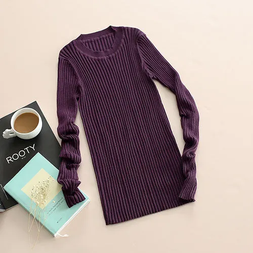 Women Sweater Pullover Basic Knitted Tops Solid Crew Neck Essential Jumper Long Sleeve Ribbed Sweaters Autumn Winter 2017