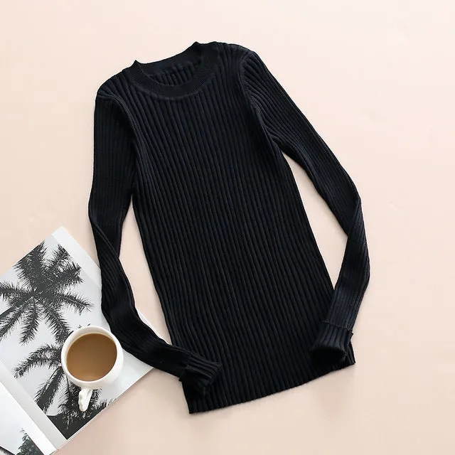 Women Sweater Pullover Basic Knitted Tops Solid Crew Neck Essential Jumper Long Sleeve Ribbed Sweaters Autumn Winter 2017