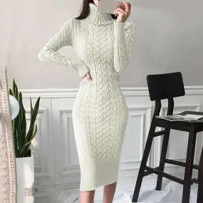 Women's Sweater Dress Long Sleeve Turtleneck Knitted Dresses Solid Color Thick Warm Knit Autumn Winter Mid-Length Sweaters Dress