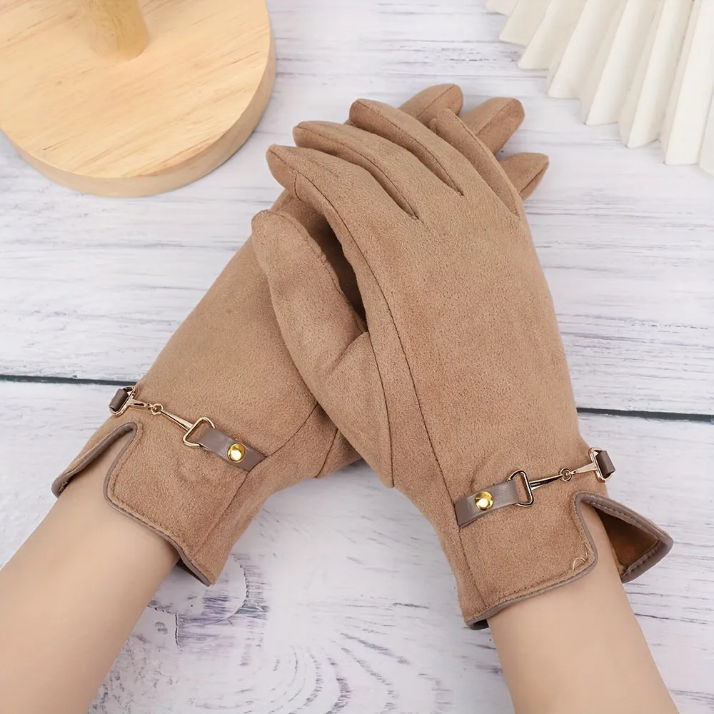 Women's Touchscreen-Compatible Suede Gloves With Chain Detail - Casual, Non-Stretch, Solid Color, Knit Design For Casual Attire