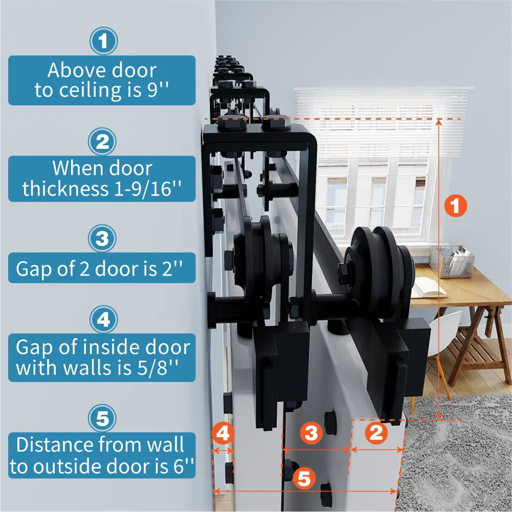 ZEKOO 4FT -16FT Bypass Sliding Barn Door Hardware Black Steel Low Ceiling Hanger Double Track