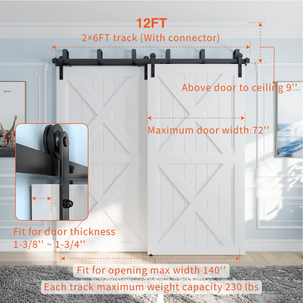 ZEKOO 4FT -16FT Bypass Sliding Barn Door Hardware Black Steel Low Ceiling Hanger Double Track