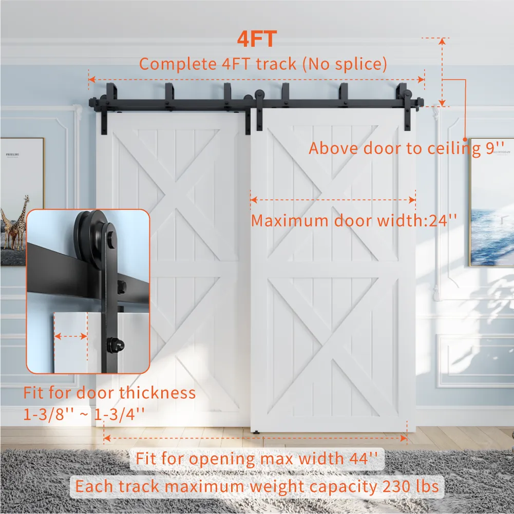 ZEKOO 4FT -16FT Bypass Sliding Barn Door Hardware Black Steel Low Ceiling Hanger Double Track