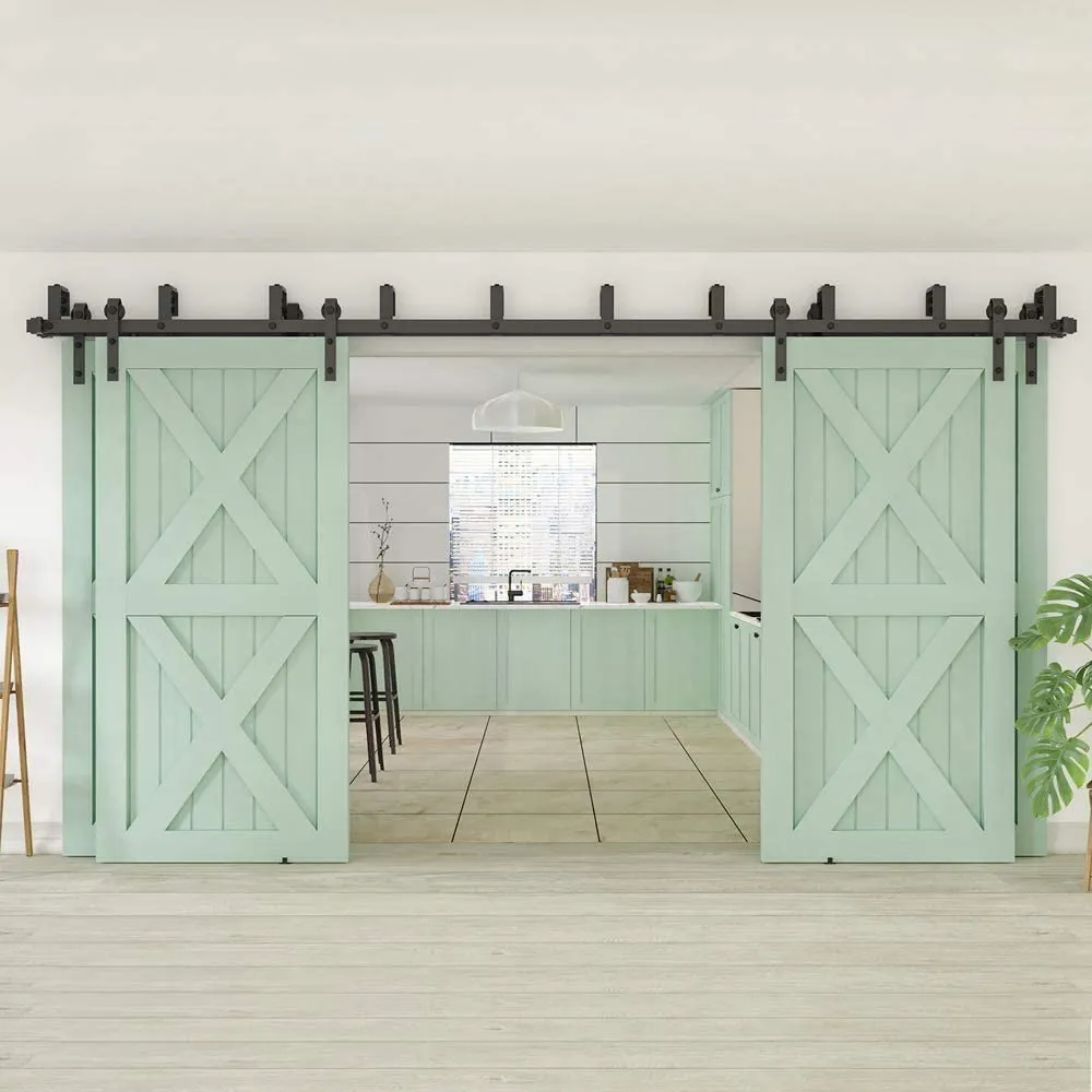 ZEKOO 8-18 FT 4 Doors New Style Sliding Interior by Pass Barn Door Hardware Wooden Black Steel Kit