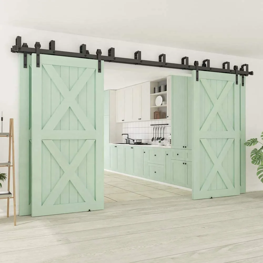 ZEKOO 8-18 FT 4 Doors New Style Sliding Interior by Pass Barn Door Hardware Wooden Black Steel Kit