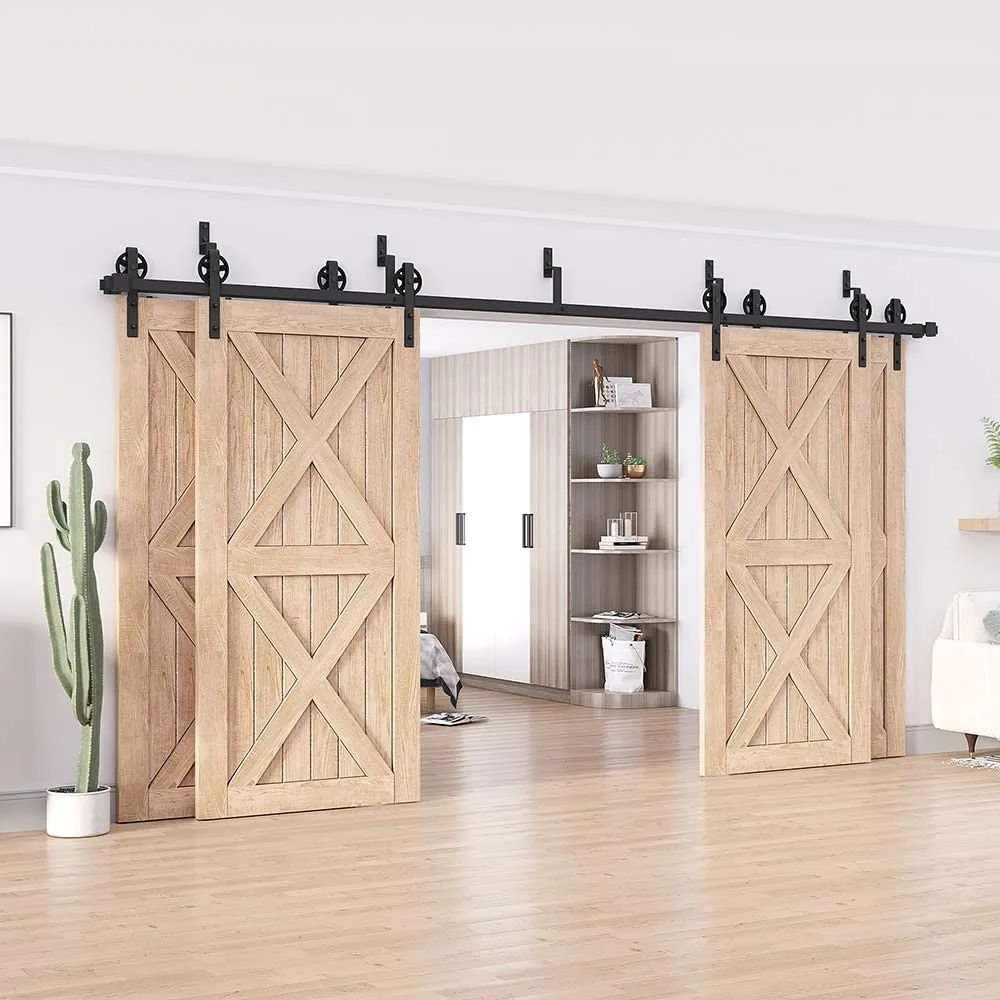 ZEKOO Rustic 8-18 FT Bypass 4 Doors Barn Door Hardware Sliding Black Steel Big Wheel Roller Track