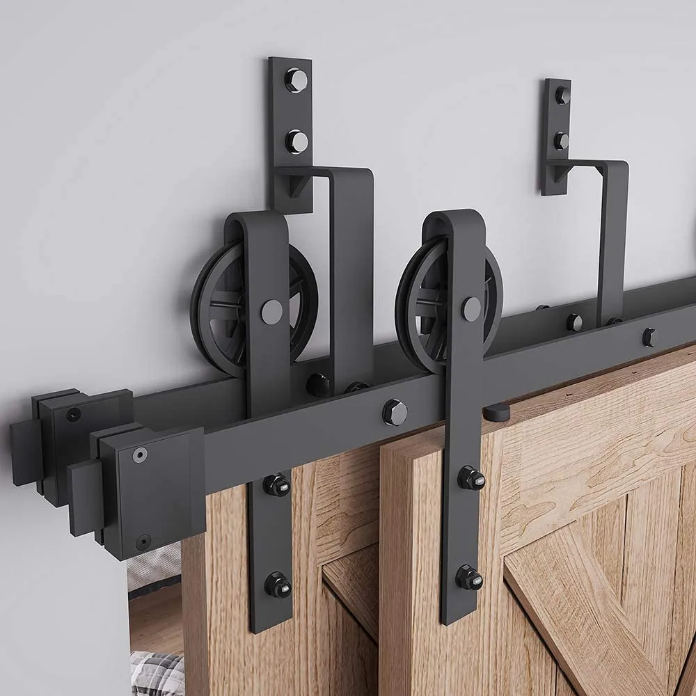 ZEKOO Rustic 8-18 FT Bypass 4 Doors Barn Door Hardware Sliding Black Steel Big Wheel Roller Track